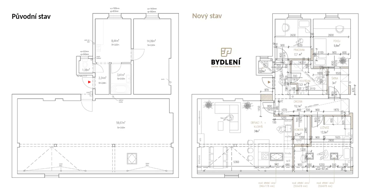 Návrh dispozic - sloučení půdy a bytu 1+1