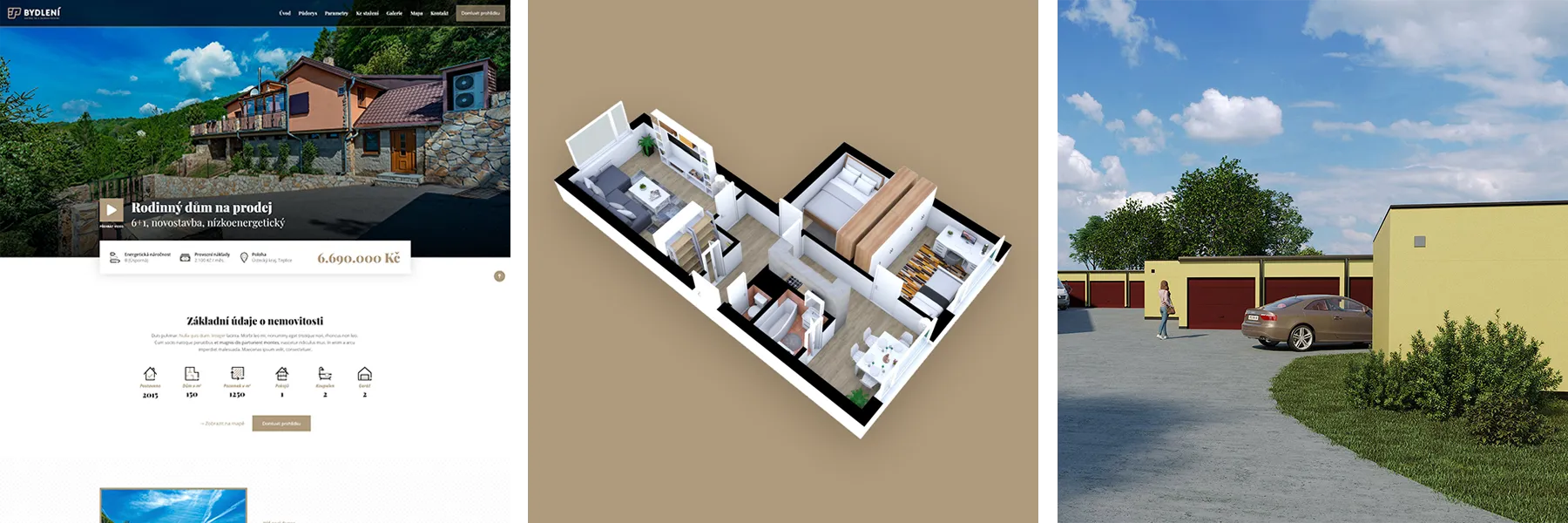 Vlastní web nemovitosti, půdorys a vizualizace od 3P Bydlení