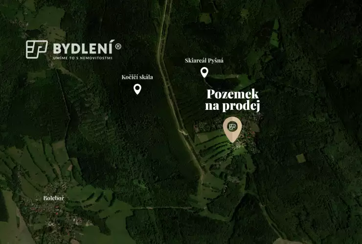 satelitní snímek s vyznačením pozemku