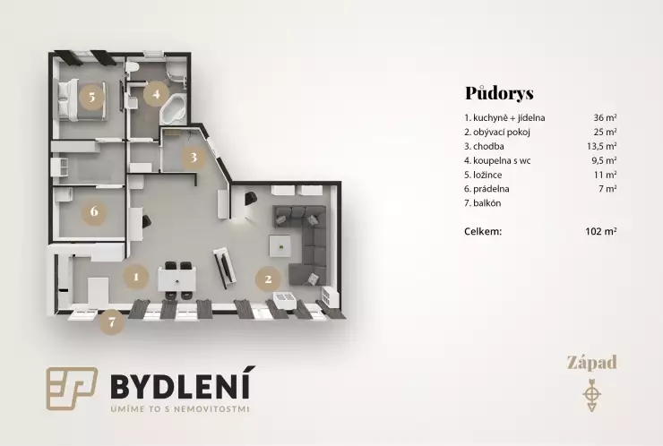 Půdorys bytu 2+kk, 106m2