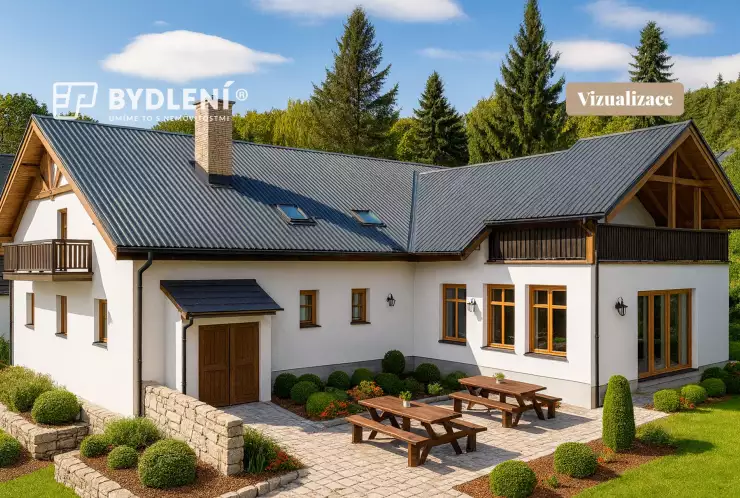 Vizualizace hotelu s fasádou a předzahrádkou